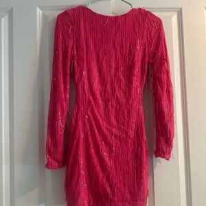 Dress the Population Fuchsia Long Sleeve Lola  Dress with Fringe